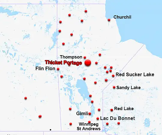 Map showing the location of Thicket Portage in Manitoba